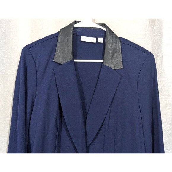 Susan Graver Size 12 Ponte Knit Blue Blazer with Black Faux Leather Trim Career - Picture 14 of 16